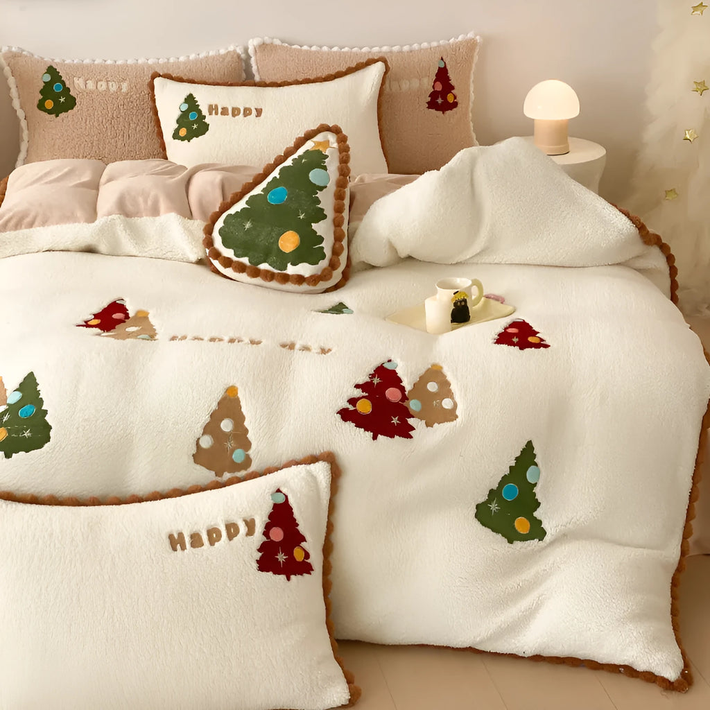 Bright yellow Christmas tree bedding four-piece set with embroidery detailing on milk fibre fabric