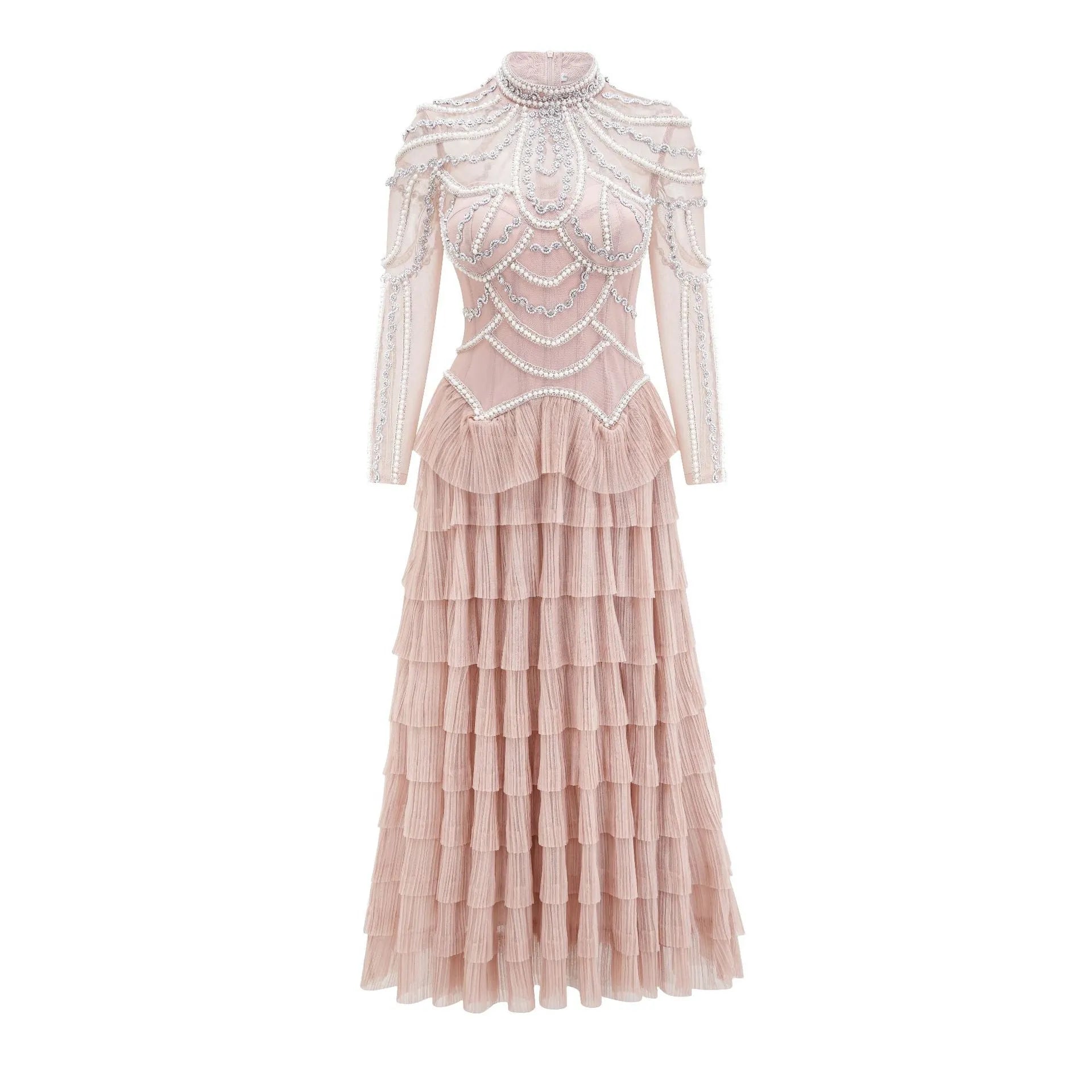 Women's long sleeve beaded dress in polyester with three-dimensional decoration and mid waist design
