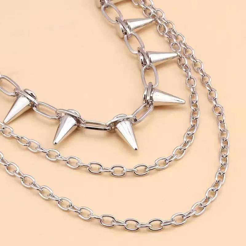 Silver metal punk pants chain with double layer and rivet details, 115cm long