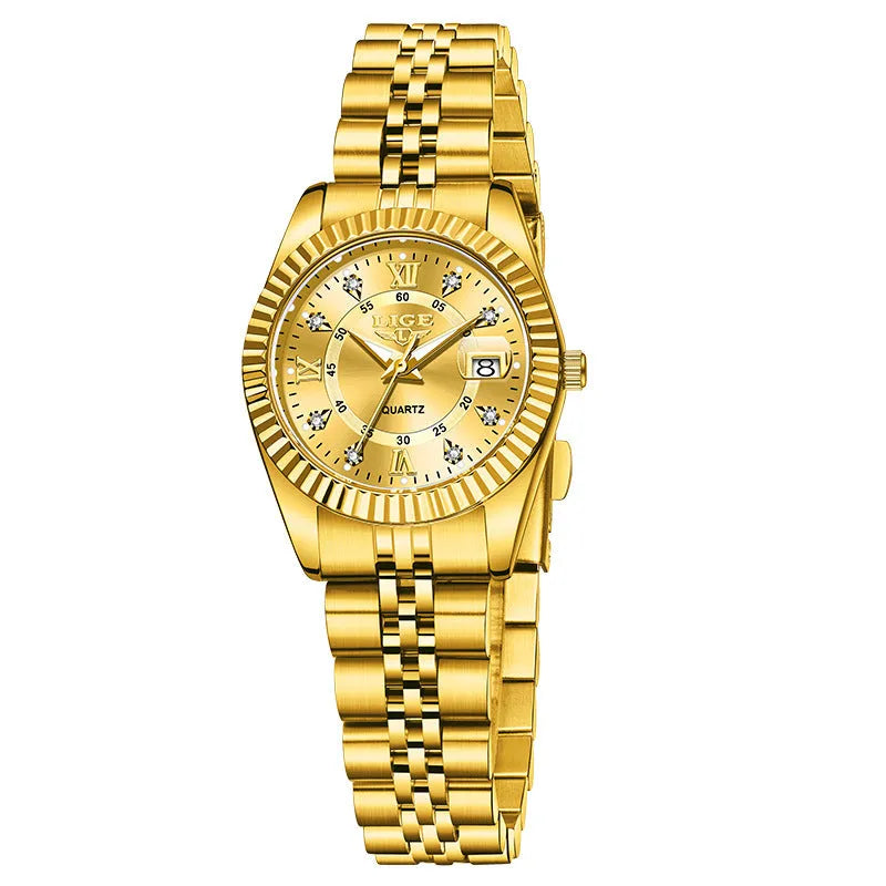 Waterproof leisure quartz watch in gold and silver colour options with 10mm case thickness.