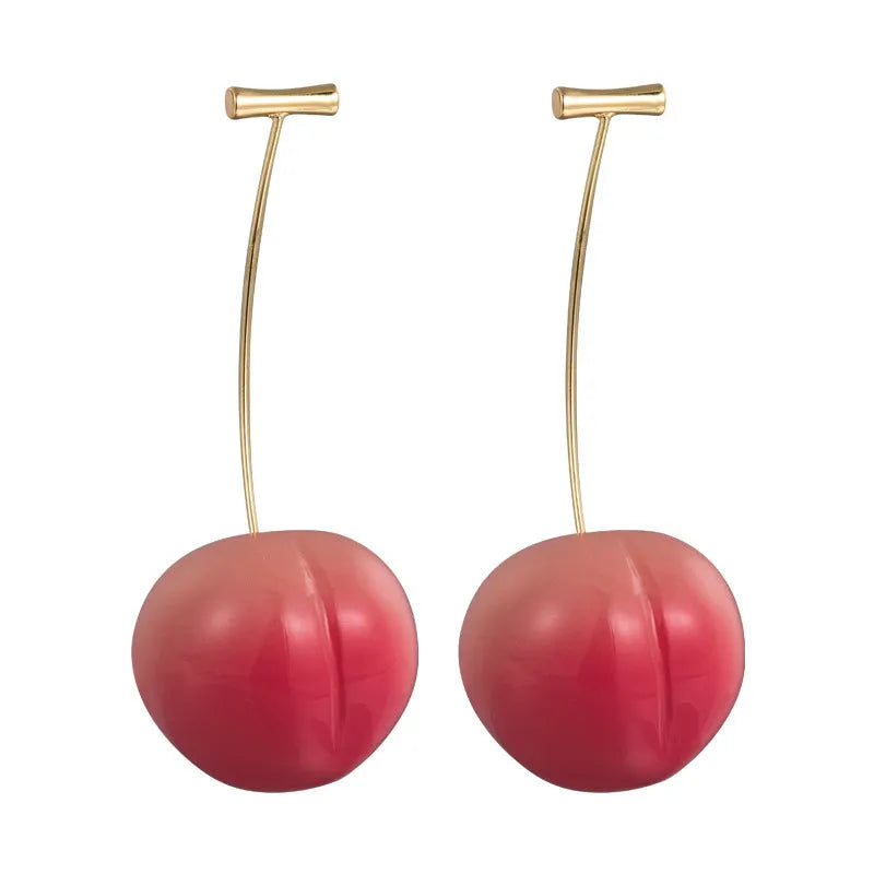Acrylic peach fruit earrings showing small and large size options with copper findings