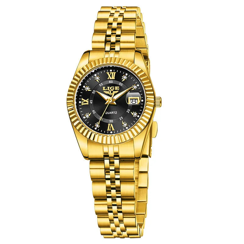 Waterproof leisure quartz watch in gold and silver colour options with 10mm case thickness.
