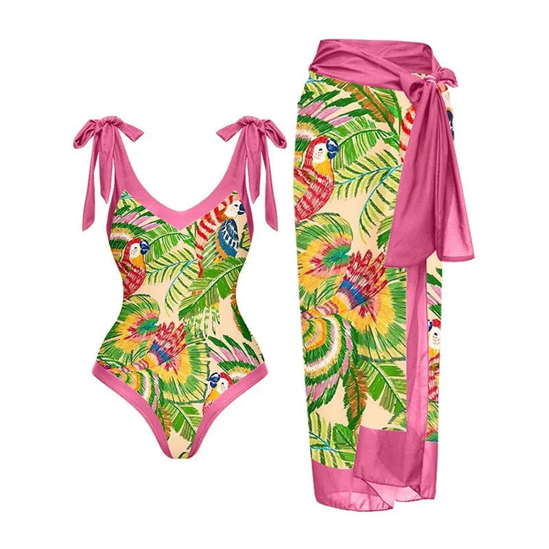 Women's solid colour one-piece swimsuit with thin spaghetti straps and a matching removable skirt.