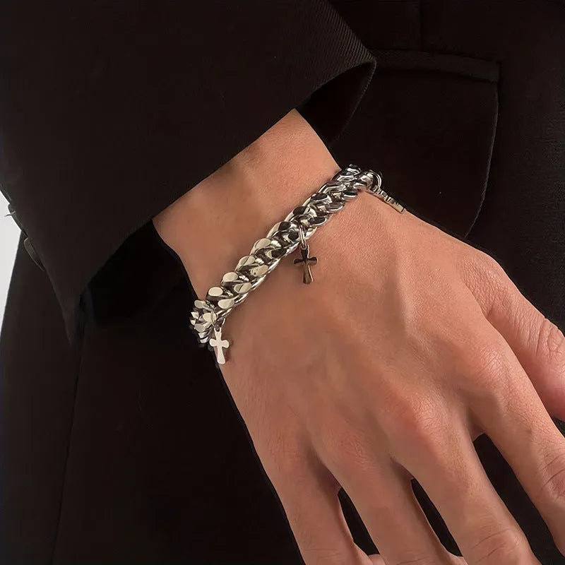 Men's titanium steel bracelet with geometric cross pendant in cold wind style