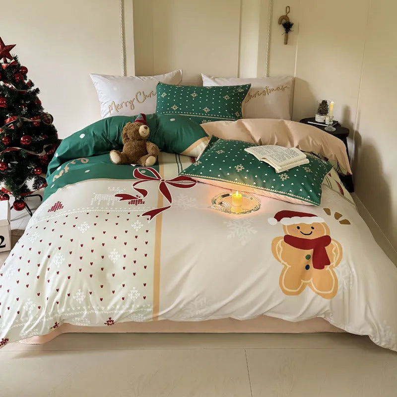 Christmas cartoon print bedding set with gingerbread man design on washed cotton, showing duvet cover and pillowcases.