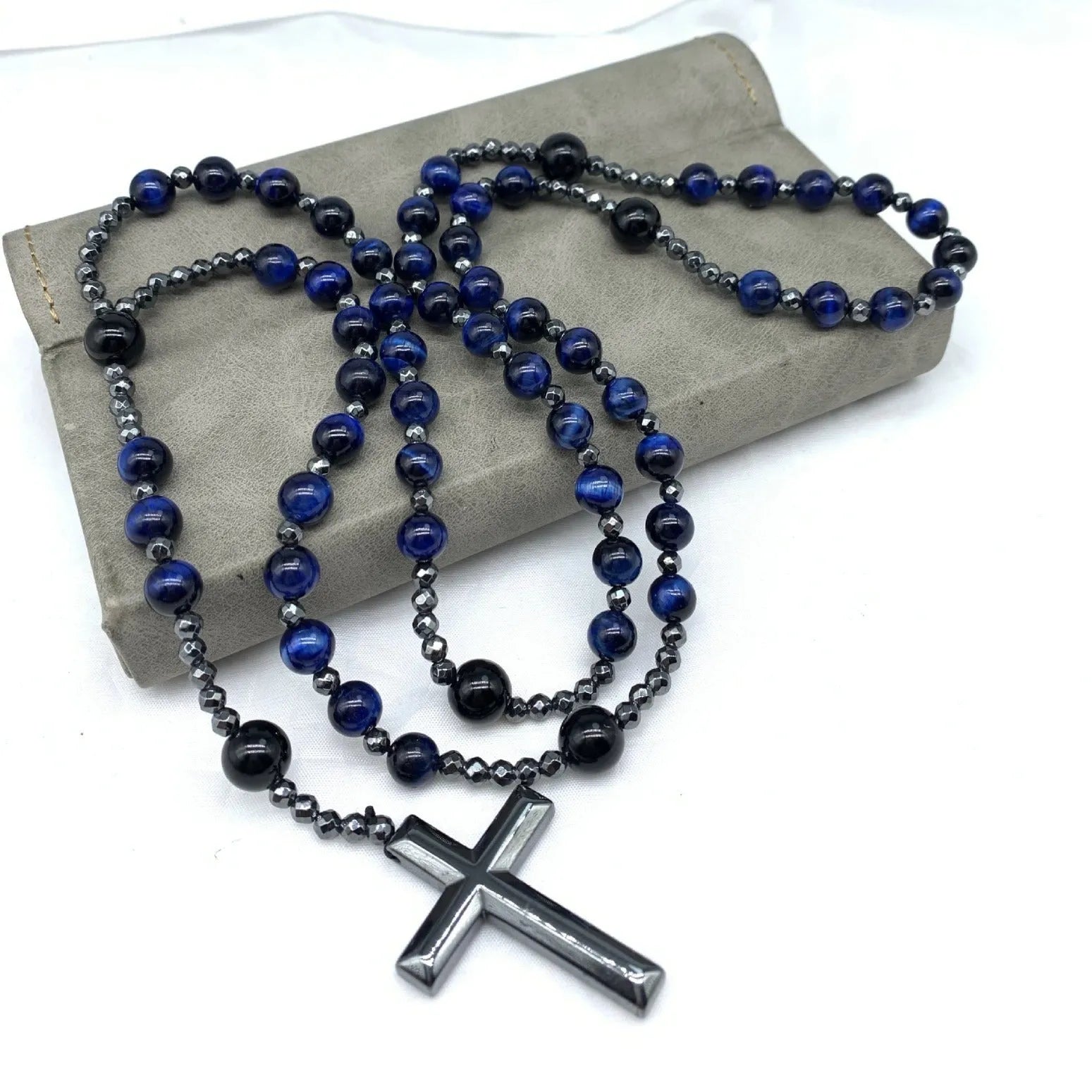 Men's stone cross pendant necklace on an 80cm ball bead chain