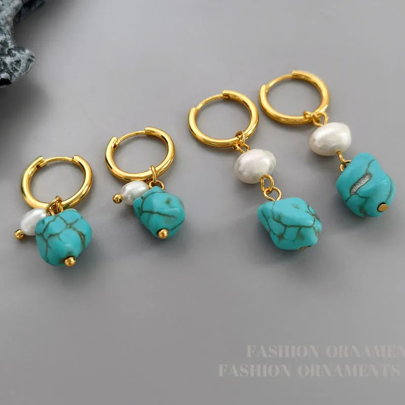 Turquoise and cultured pearl geometric ear clips with copper settings in short and dangle styles
