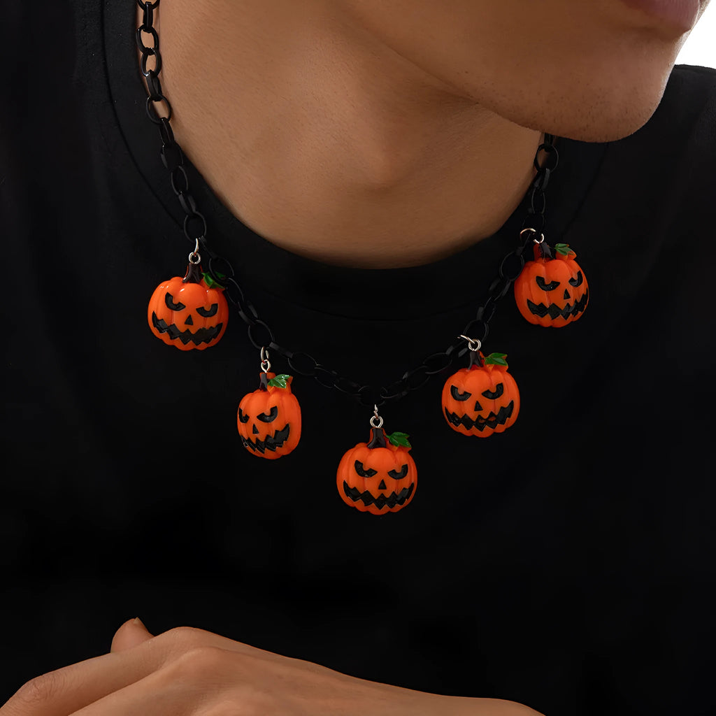 Cartoon pumpkin Halloween necklace with mixed colour acrylic pendant on a regular chain.