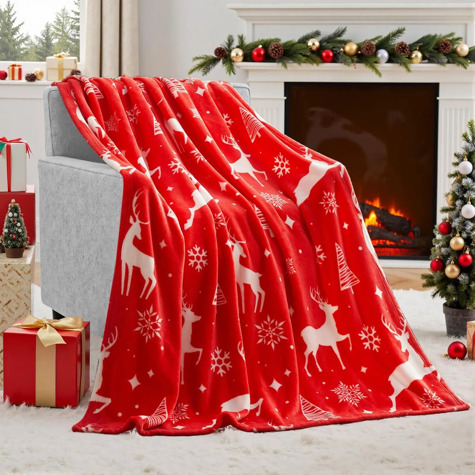 Soft flannel red Christmas blanket with plush texture on a sofa, showing reversible design and size scale.