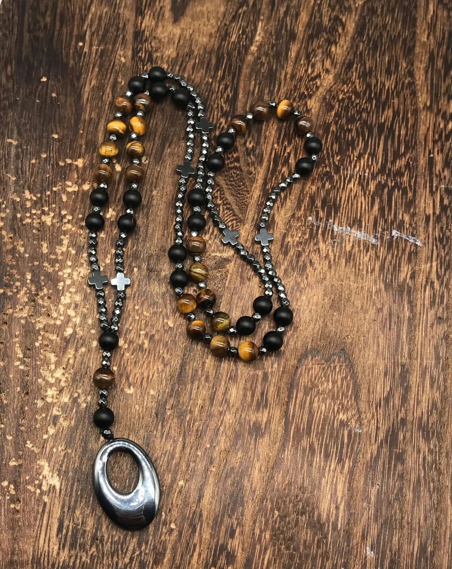 Men's stone cross pendant necklace on an 80cm ball bead chain