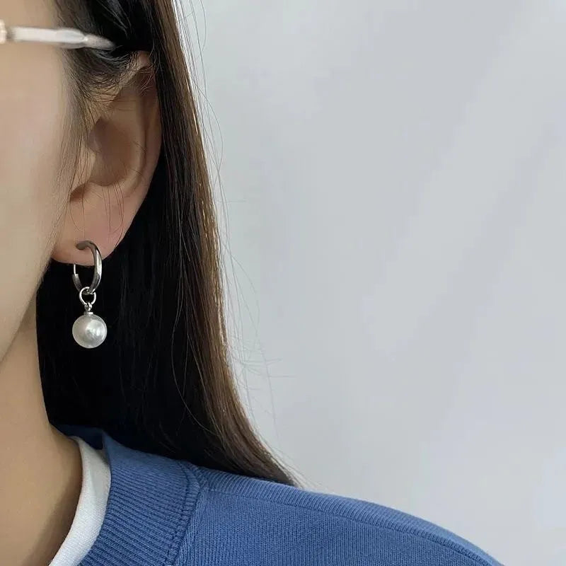 Geometric pearl drop earrings with alloy construction and titanium steel components