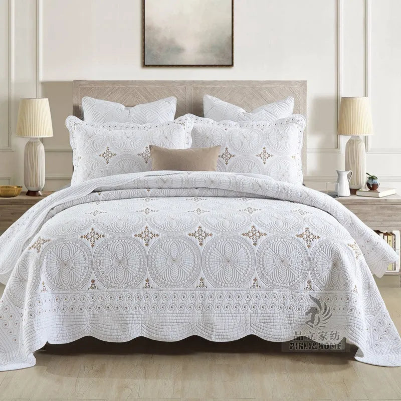 European-style embroidered cotton bed cover set with two pillowcases for 1.8m beds
