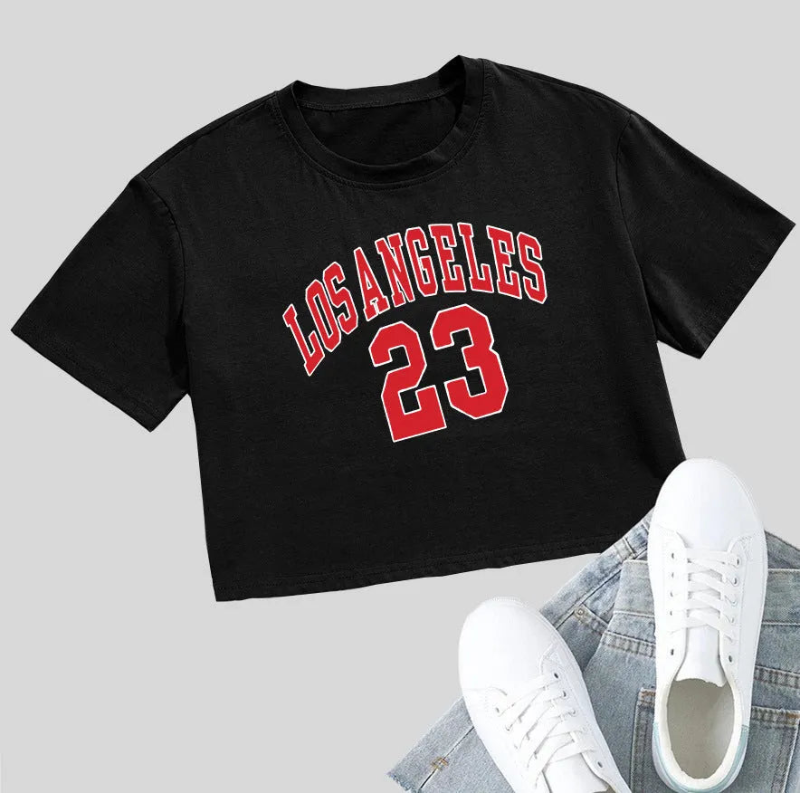 Women's personalised English letter cotton t-shirt with exposed navel design in black or white colours