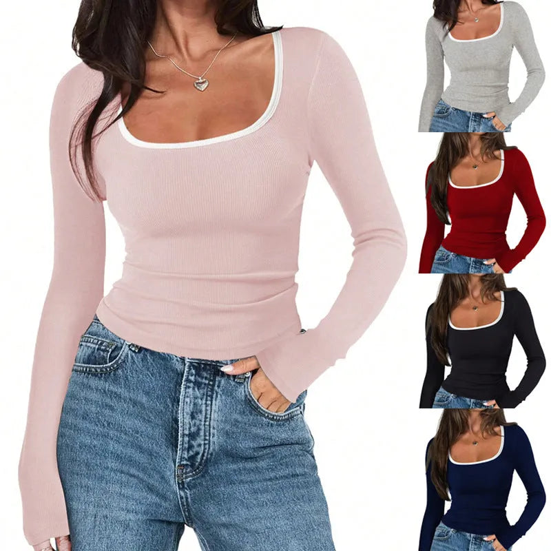 Women's cotton slim fit pullover top with square collar in multiple solid colour options
