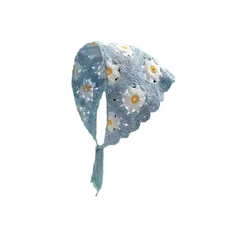 Cotton triangular headscarf with floral pattern options including beige blue little daisy design