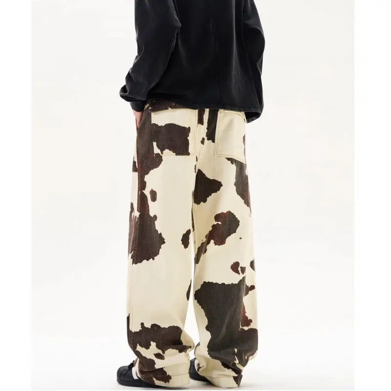 Men's straight-leg trousers with American retro cows pattern in 7698 cow colour