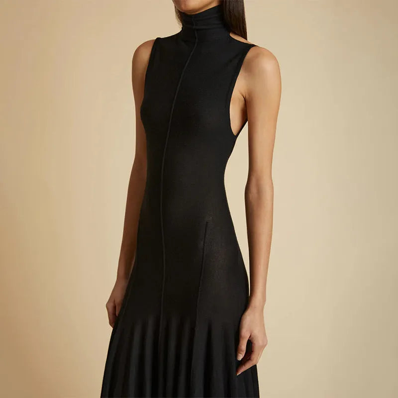 Grey women's slim-fit cotton backless dress with high waist and half turtleneck neckline