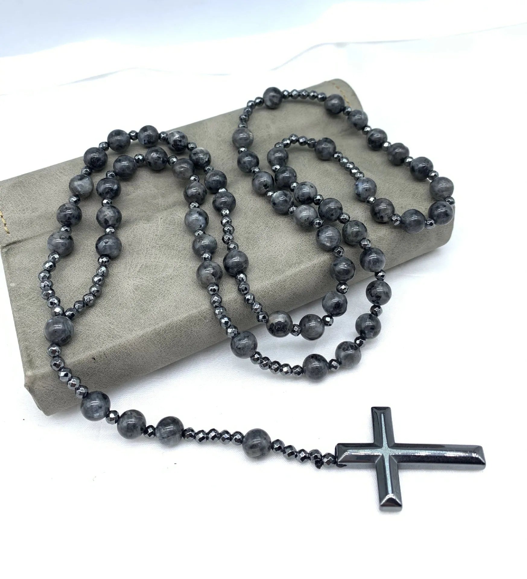 Men's stone cross pendant necklace on an 80cm ball bead chain