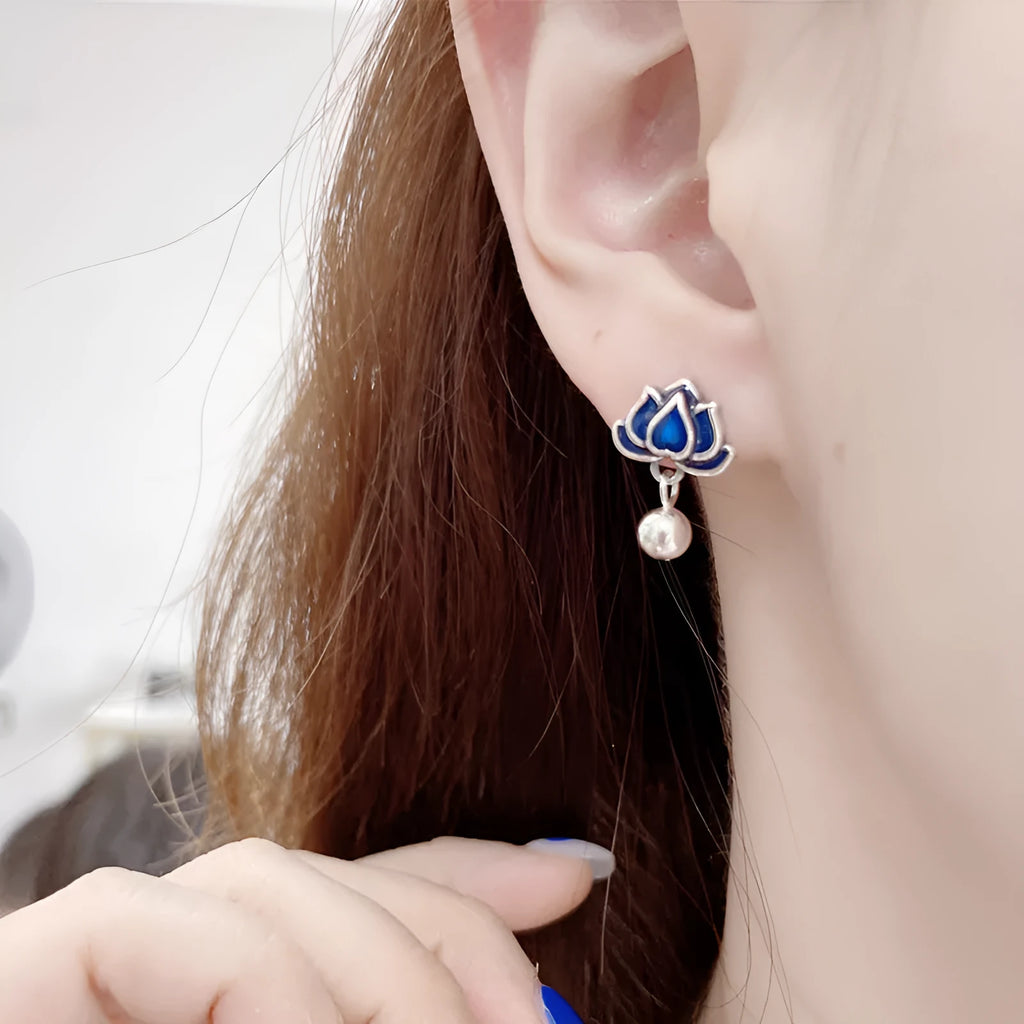 Blue Lotus artistic seedpod and tassel design silver tone alloy ear studs for women