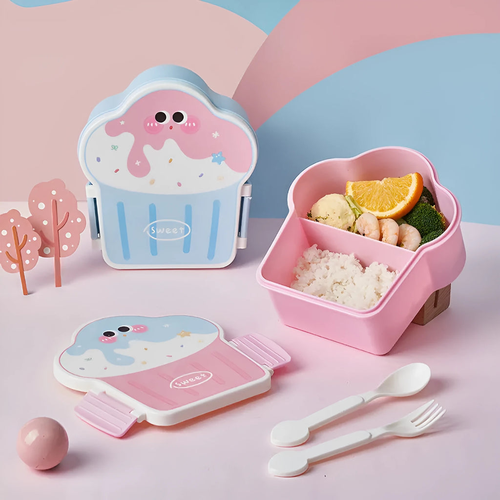 Creative ice cream shaped plastic lunch box with compartments and utensils in pink and blue cartoon designs