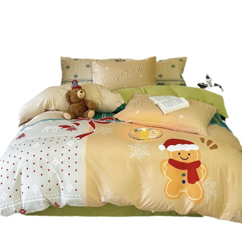 Christmas cartoon print bedding set with gingerbread man design on washed cotton, showing duvet cover and pillowcases.