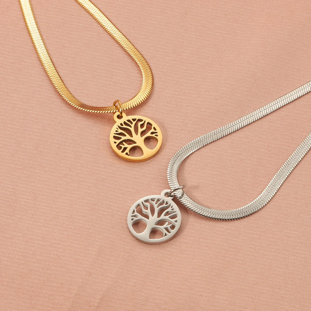 Stainless steel lucky tree necklace with U-shaped pendant on snake bones chain