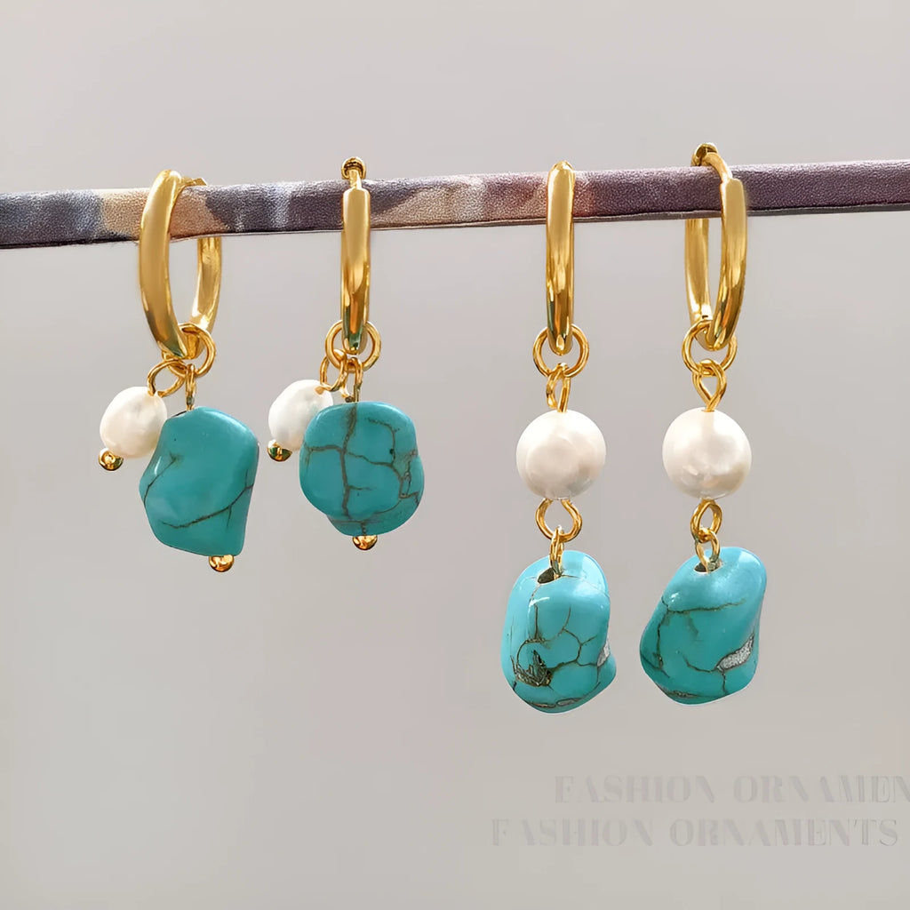 Turquoise and cultured pearl geometric ear clips with copper settings in short and dangle styles