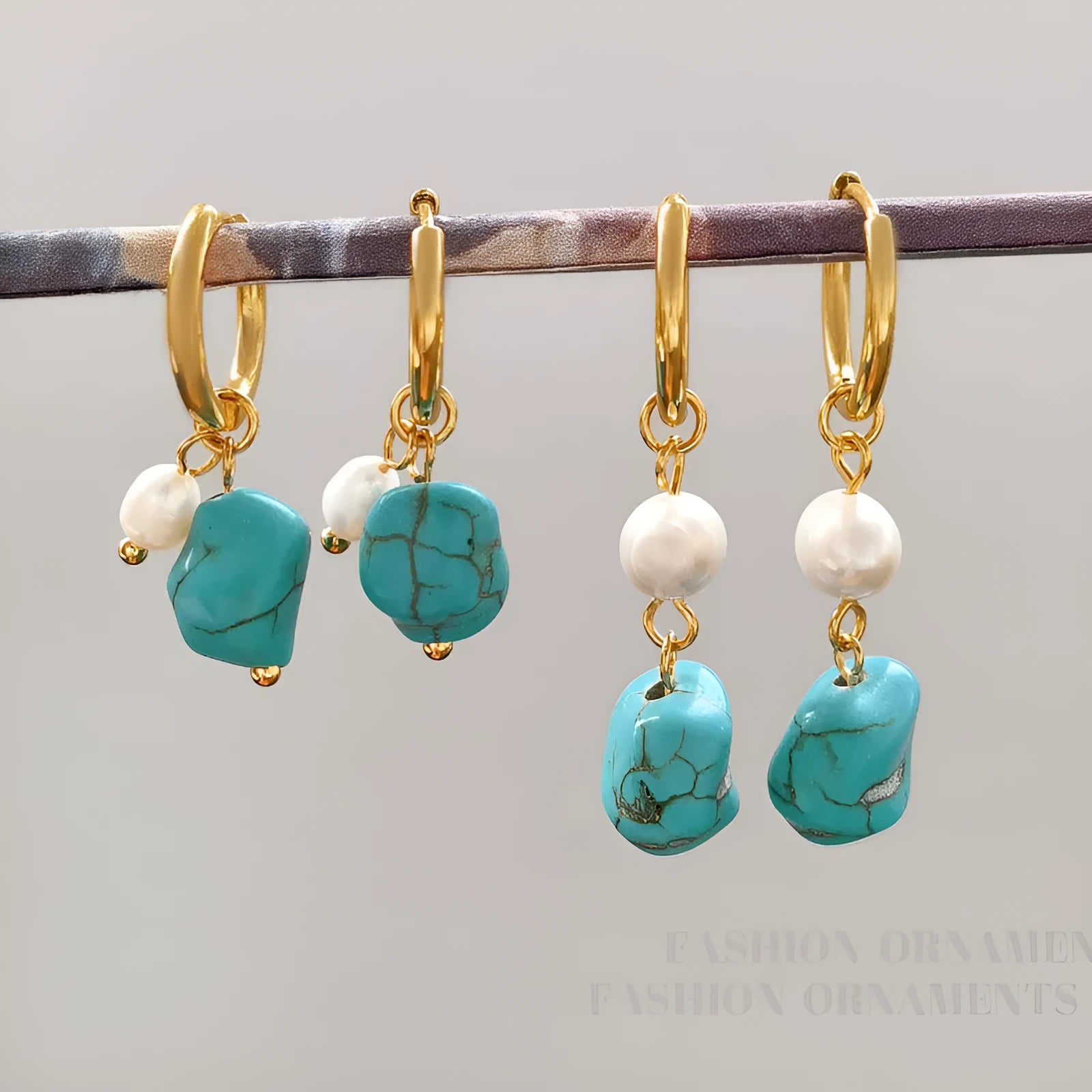 Turquoise and cultured pearl geometric ear clips with copper settings in short and dangle styles