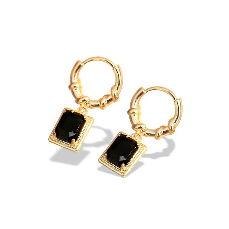 A pair of black zircon geometric copper French court earrings with a quadrilateral shape.