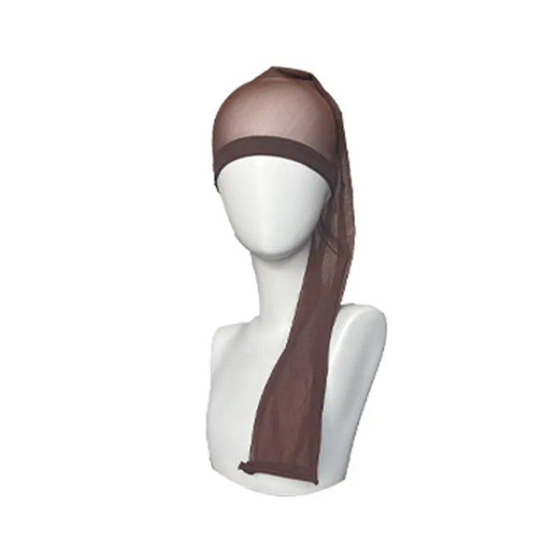 Mesh wig cap with elastic oversleeve design shown in various colour options including leopard print
