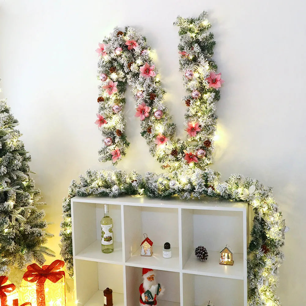 240cm long artificial rattan Christmas garland with flocked decoration in one of five colour options
