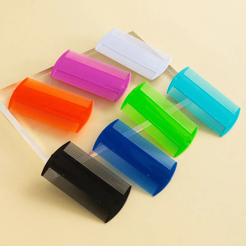 A double-edged fine-toothed plastic comb for flea and lice removal, shown in colour options.