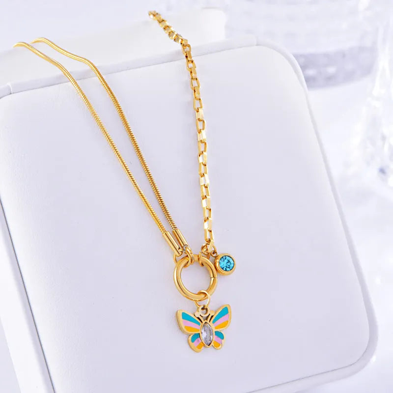 Gold epoxy butterfly necklace and bracelet set with titanium steel snake bones chain