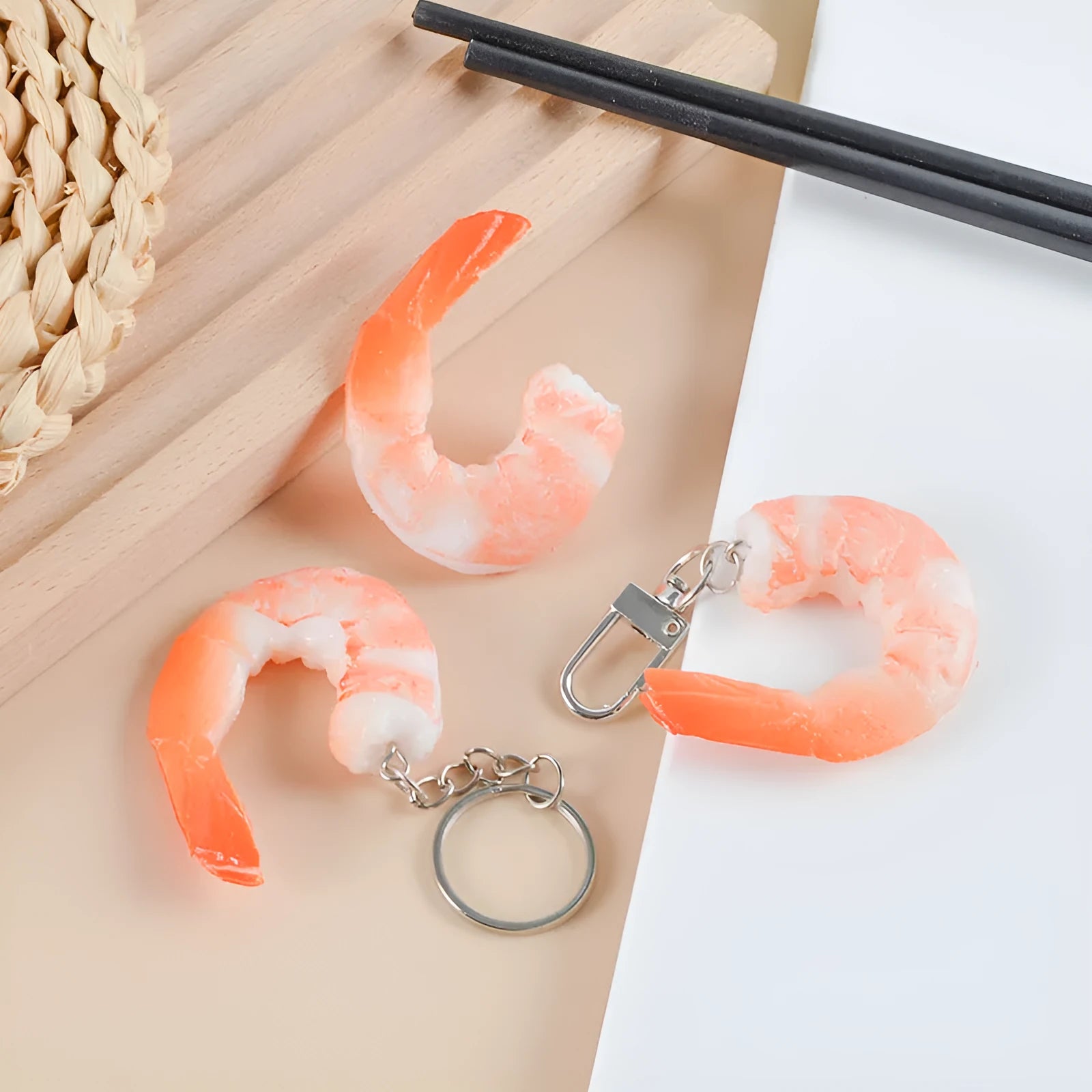 PVC shrimp-shaped keychain with detailed crustacean design and door buckle attachment