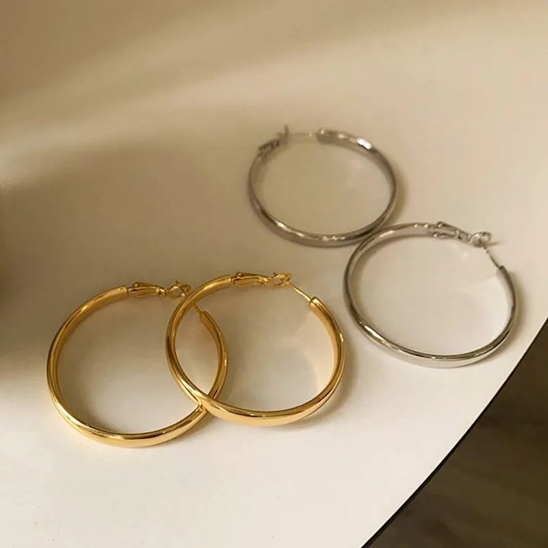 40mm diameter metal circle earrings in gold or silver electroplated finish