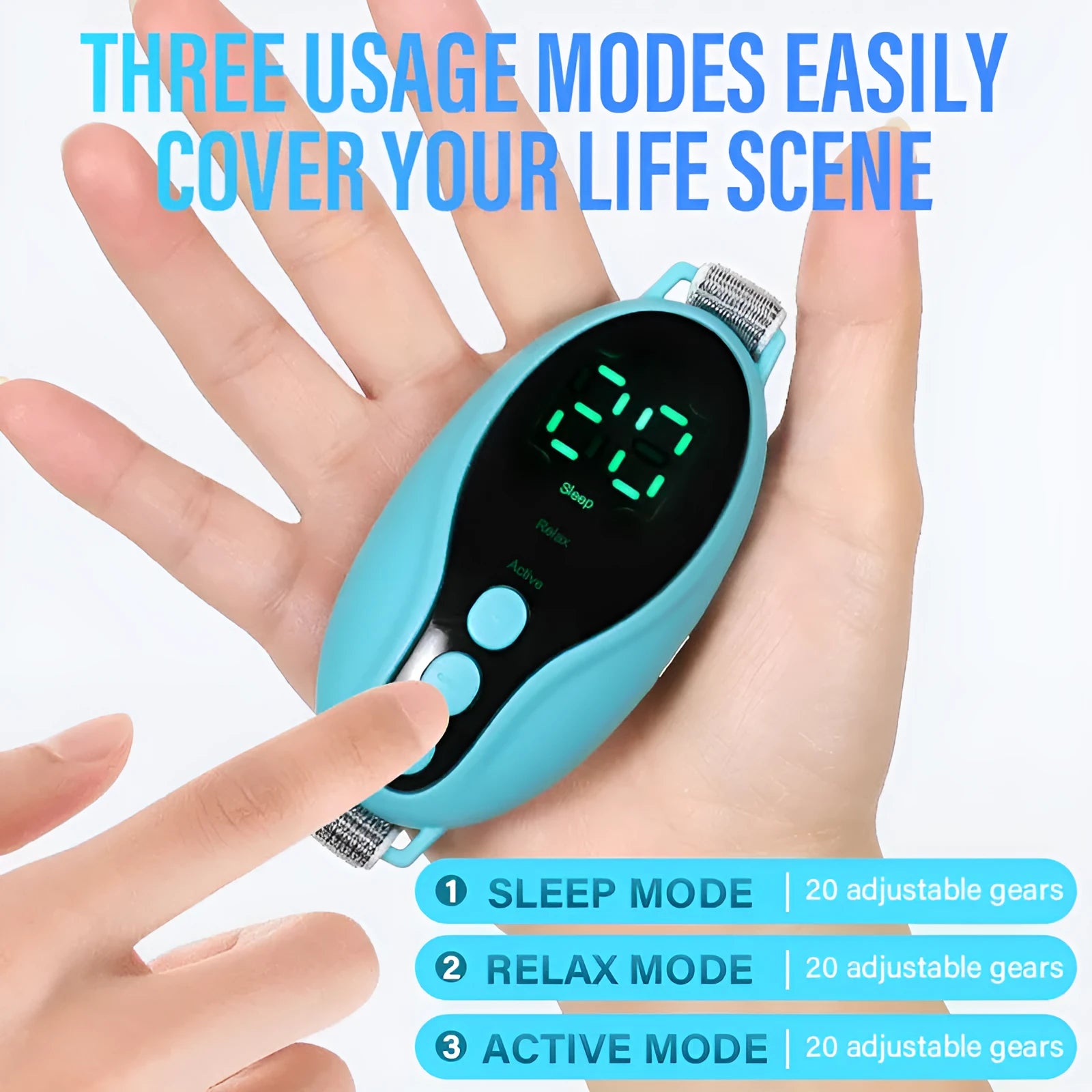 Compact white and blue sleep aid device with USB port and control buttons