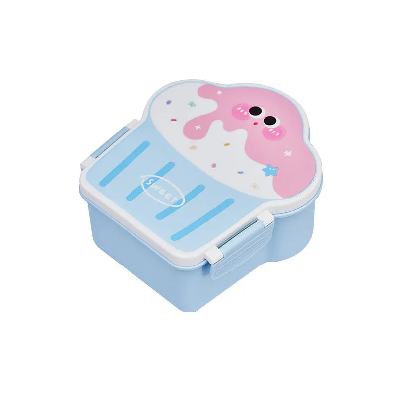 Creative ice cream shaped plastic lunch box with compartments and utensils in pink and blue cartoon designs