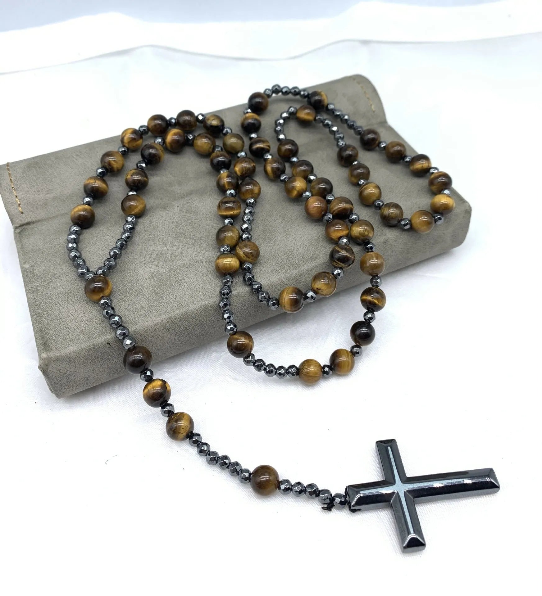 Men's stone cross pendant necklace on an 80cm ball bead chain