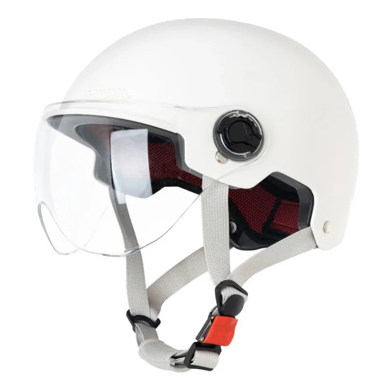 3C certified full-face electric motorcycle helmet in light pink with sun protection visor