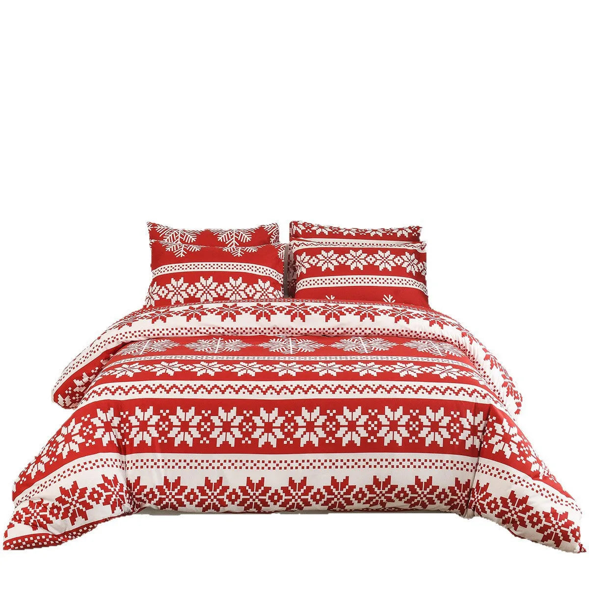 Red Christmas pattern bedding three-piece set with quilt cover and pillowcases on bed