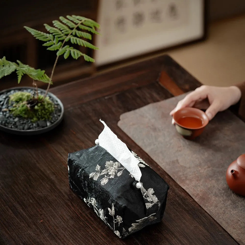 New Chinese style brocade fabric tissue box cover with embroidered white plum pattern