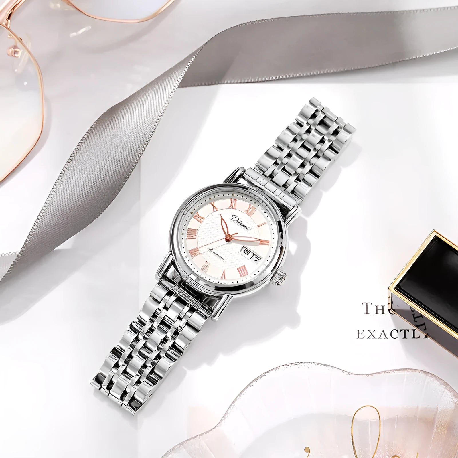 Women's automatic mechanical watch with stainless steel case on a choice of steel or leather strap.