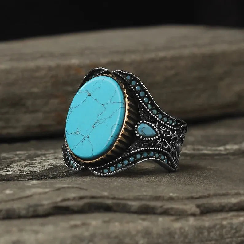 Men's antique silver alloy ring with turquoise details on round band