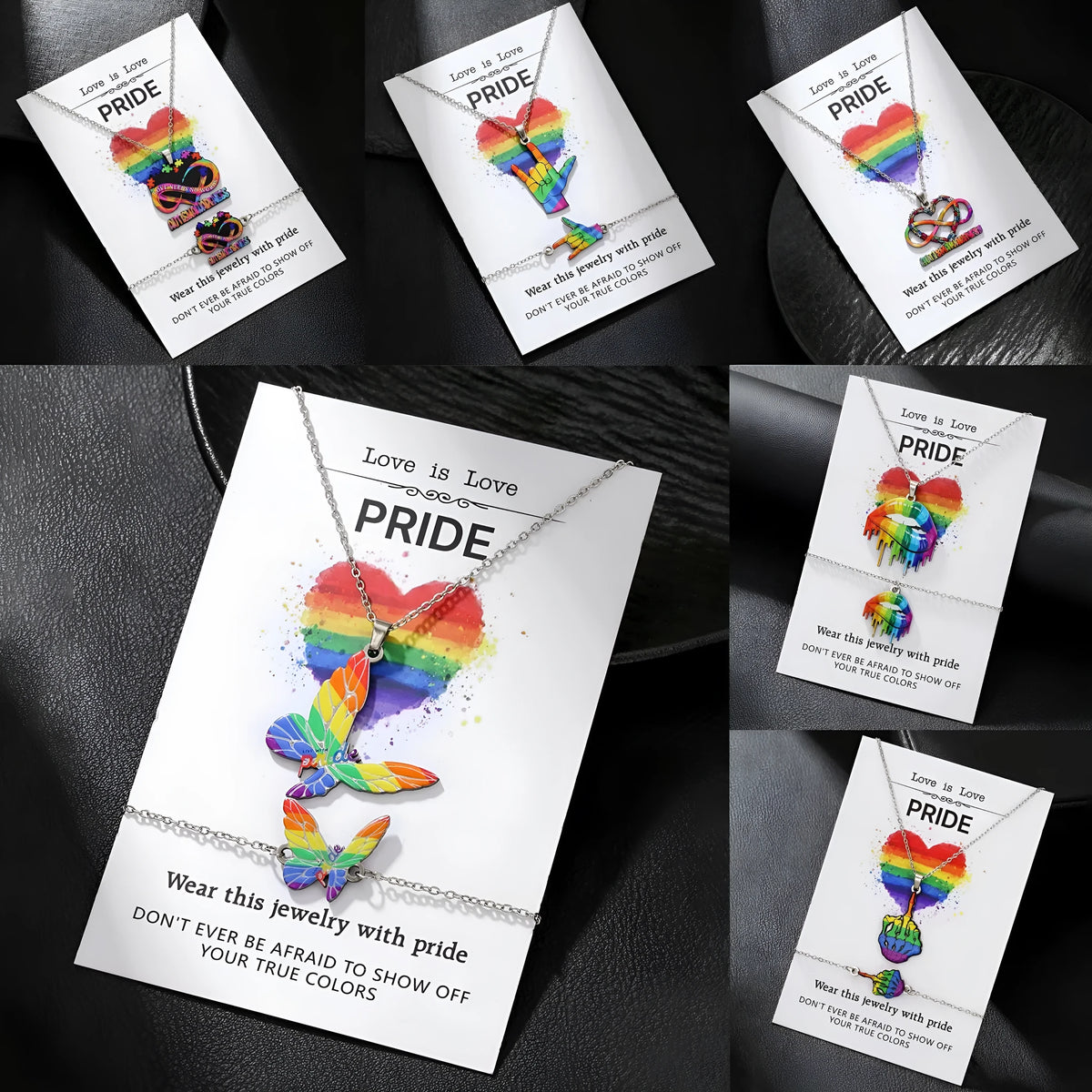 Stainless steel friendship necklace and bracelet set with colour printed inspirational designs