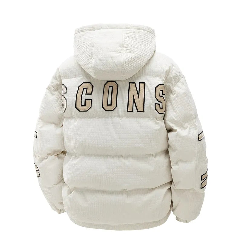 Men's black cotton-padded hooded coat with white letter print and side pockets in Korean cardigan style