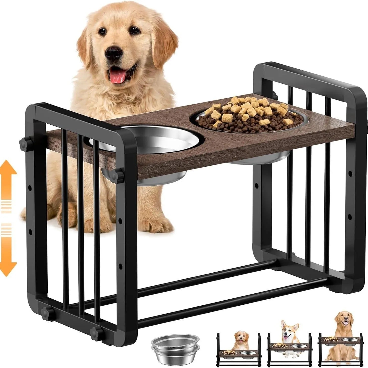 Black wooden dog bowl bracket 37x23cm with non-slip base for feeding station