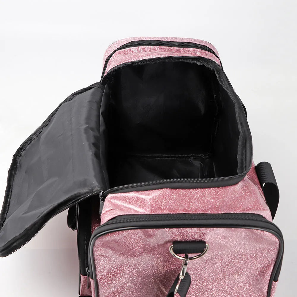 Large black PU leather sports handbag with silver lettering and multiple compartments