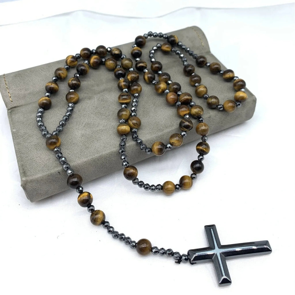 Men's stone cross pendant necklace on an 80cm ball bead chain