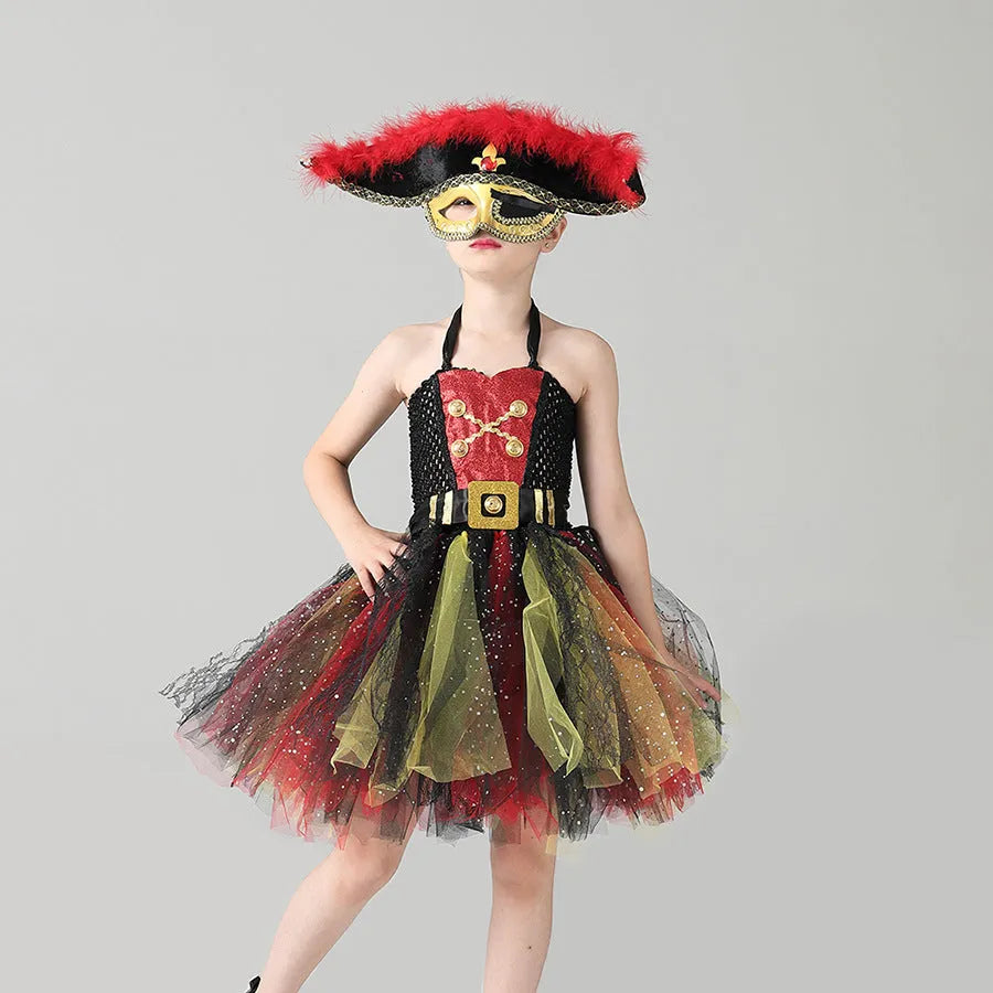 Girls pirate costume dress with sequin decoration and mesh sleeves for Halloween