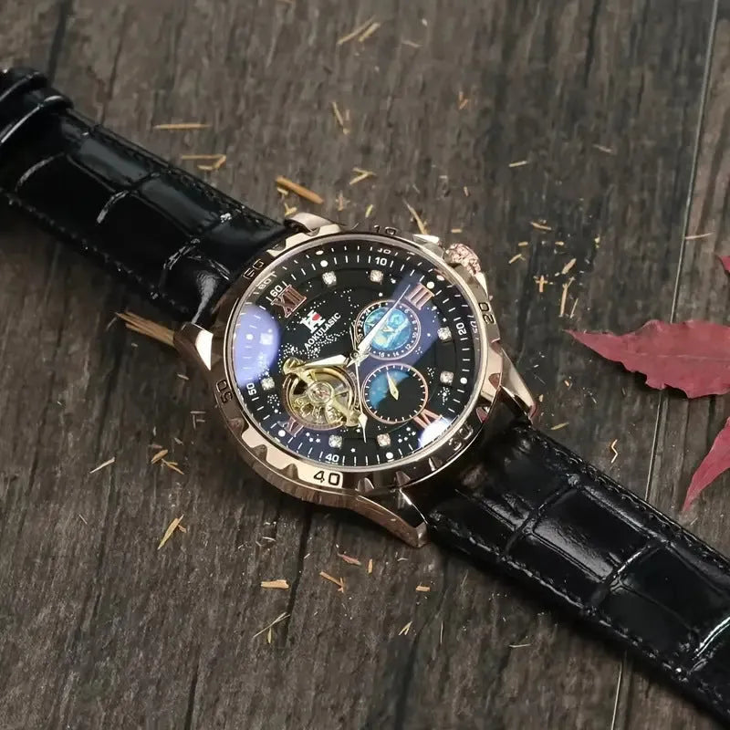 Men's automatic mechanical watch with large hollow dial and rose gold black casing